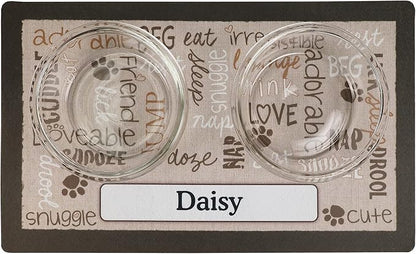 Drymate Personalized Pet Bowl Placemat, Custom Dog & Cat Food Feeding Mat - Absorbent Fabric, Waterproof Backing - Machine Washable/Durable (USA Made) (12" x 20") (Linen Tan)