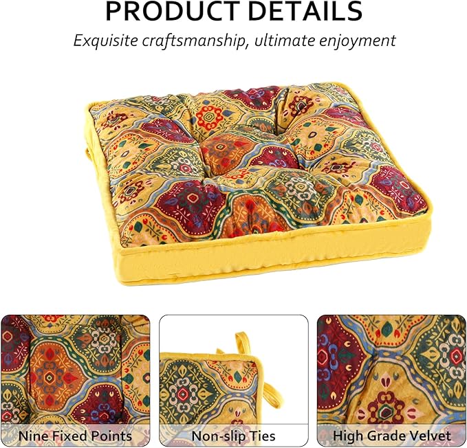 Bohemian Square Seat Cushions for Kitchen Dining Living Tea Room,16.5" x 16.5" Printing Velvet Chair Pads with Non-Slip Ties, 2Packs, Blue