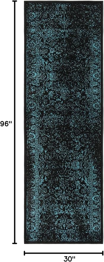 SAFAVIEH Adirondack Collection Runner Rug - 2'6" x 8', Black & Teal, Distressed Vintage Floral Design, Non-Shedding & Easy to Clean, Ideal for Hallway, Foyer, Entryway, Bedroom (ADR109K)