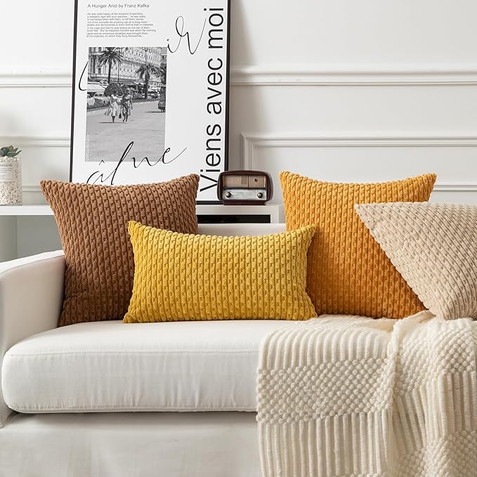 Kevin Textile 12x20 Inch Pillow Cover 1 Pack Boho Decorative Soft Striped Corduroy Lumbar Farmhouse Color Accent Rectangle Cushion Case for Living Room Couch Sofa Bed, Mustard Yellow