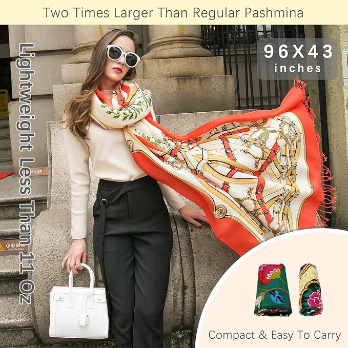 DANA XU 100% Merino Wool Extra Large Pashmina Blanket Travel Scarf Cashmere Wrap for Women Fall Winter Oversize Shawl Floral