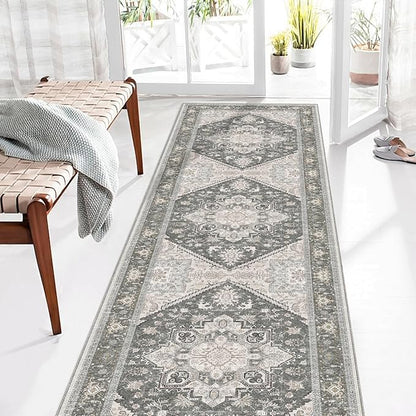 OPPODREAM Thin Entryway Rug 2x8, 2x8 Rug Runner, Washable Hallways Carpet 2 x 8 with Non Slip Backing, Low-Pile Bedside Carpet 2 x 8, Long, Faux Cashmere, Greenish Grey