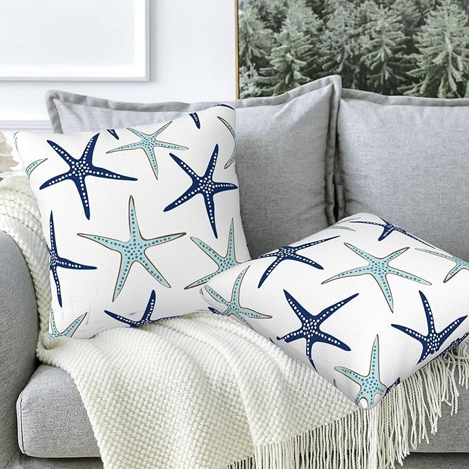 Throw Pillow Covers Nautical Starfish Pillow Covers 18x18 Inch Set of 2 Navy Blue and Turquoise Sea Stars Throw Pillows Decorative Pillow Cases Cushion Covers for Bedroom Livingroom