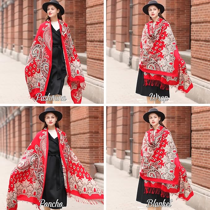 DANA XU 100% Merino Wool Extra Large Pashmina Blanket Travel Scarf Cashmere Wrap for Women Fall Winter Oversize Shawl Floral