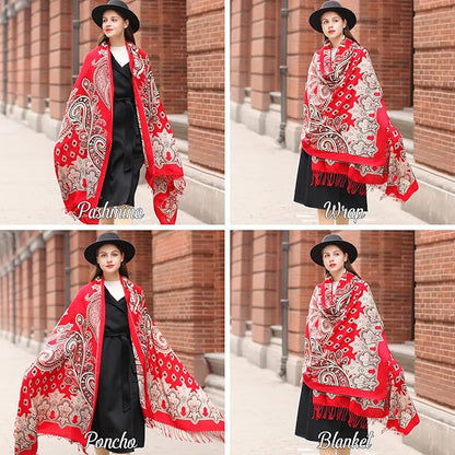 DANA XU 100% Merino Wool Extra Large Pashmina Blanket Travel Scarf Cashmere Wrap for Women Fall Winter Oversize Shawl Floral