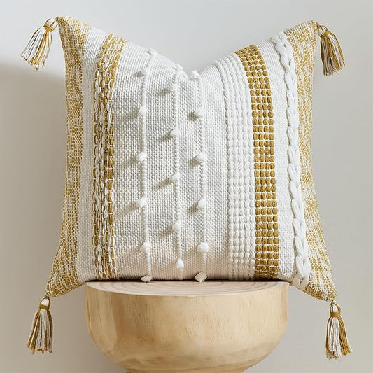 Boho Pillow Cover 18x18 Mustard Yellow - Handmade Woven Textured Throw Pillow Case with Cordings & Tassels, Decorative Accent for Couch Sofa Farmhouse Living Room Home Decor
