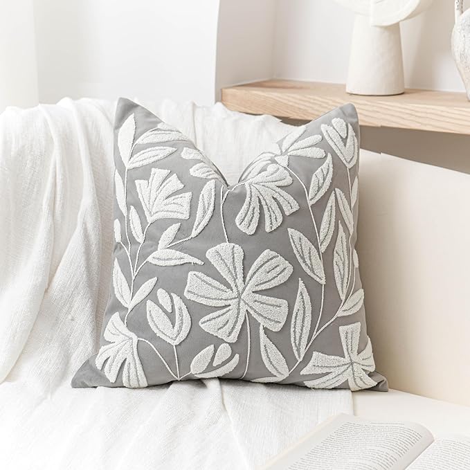BlissBlush Grey Velvet Floral Decorative Throw Pillow Cover 20X20, Light Gray Floral Tufted Soft Farmhouse Textured Pillowcase, Accent Pillowcase for Couch Sofa Bed Living Room