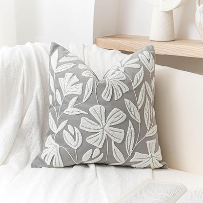 BlissBlush Grey Velvet Floral Decorative Throw Pillow Cover 20X20, Light Gray Floral Tufted Soft Farmhouse Textured Pillowcase, Accent Pillowcase for Couch Sofa Bed Living Room