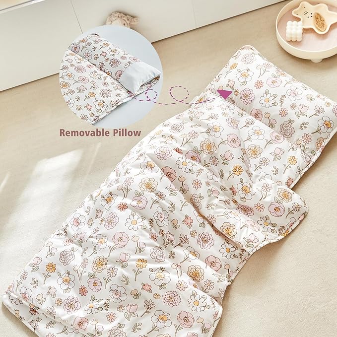 Toddler Nap Mat with Removable Pillow,Ultra Soft Slumber Bags for Girls,Kids Sleeping Bags with Roll Up Design, Perfect for Preschool,Daycare,Kindergarten