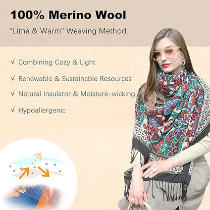 DANA XU 100% Merino Wool Extra Large Pashmina Blanket Travel Scarf Cashmere Wrap for Women Fall Winter Oversize Shawl Floral