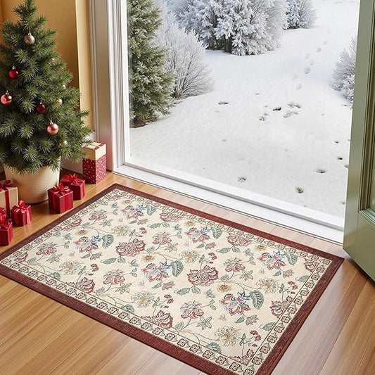 jinchan Elora 2x3 Floral Rug for Entryway Washable Kitchen Rug Vintage Romance Design Christmas Small Mat Non Slip Indoor Doormat Lightweight Low-Profile Throw Carpet for Entrance Bathroom, Red/Beige