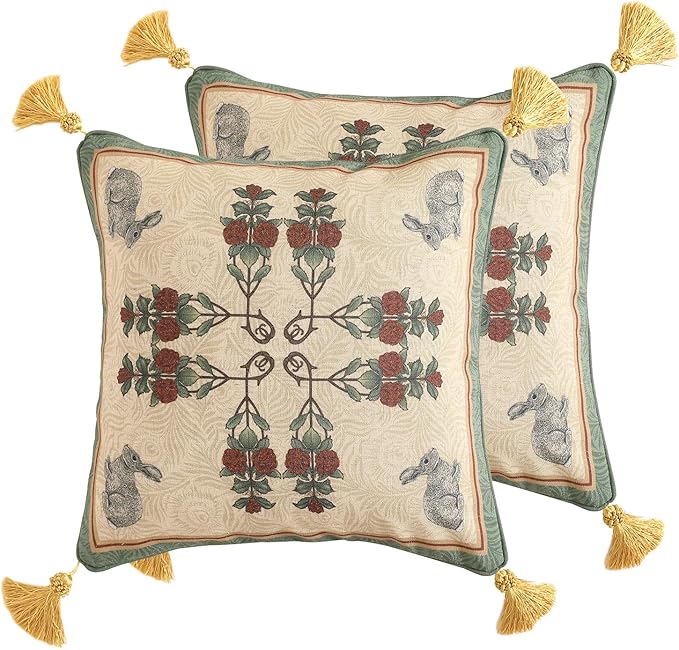 patdrea Designer Throw Pillow Covers Set of 2,French Elegant Green Linen with Rose and Animal Floral Pattern Pillow Covers,Decorative Square Pillowcases Cushion for Bed Living Room Outdoor,18"x18"