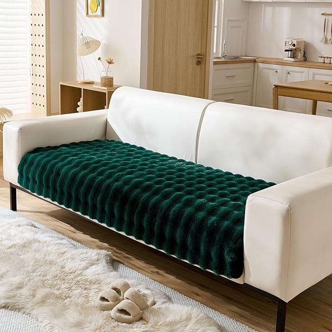Christmas Faux Fur Couch Cover Fuzzy Soft Plush Thick Bubble Sofa Cover Luxury Sectional Couch Covers Luxury Anti-Slip Sofa Slipcover Washable Furniture Protector (Dark Green,36"x82")