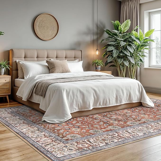 KUTA Vintage 8x10 Area Rugs for Living Room, Terracotta Washable Large Rug for Bedroom 8ft x 10ft Non-Slip, Ultra Thin Soft Printed Traditional Floral Distressed Dining Room Low-Pile Carpet