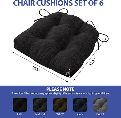 Chair Cushions for Dining Chairs Set of 6, Kitchen Chair Cushions, Chair Pads with Ties and Non Slip Backing, Tufted Memory Foam Seat Cushion 6 Pack, 15.5" x 15.5" x 4", Black