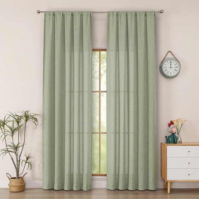 Simplebrand Sage Green Faux Linen Textured Semi Sheer Curtains 96 Inches Long 2 Panels Set, Light Filtering Soft Thick Farmhouse Curtains Window Treatment for Bedroom/Living Room/Dining, 50 x 96 Inch