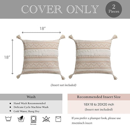 BlissBlush Decorative Throw Pillow Cover 18X18 Combo Set of 2 Square Cream Neutral White Boho Accent Pillowcase Tassels Farmhouse Cushion for Couch Sofa Bedroom Living Room Home Décor Cover ONLY