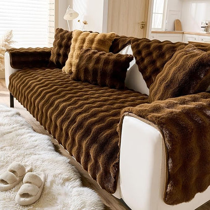 Faux Fur Couch Cover Fuzzy Soft Plush Thick Bubble Sofa Cover Luxury Sectional Couch Covers Luxury Anti-Slip Sofa Slipcover Washable Furniture Protector (Coffee,36"x47")