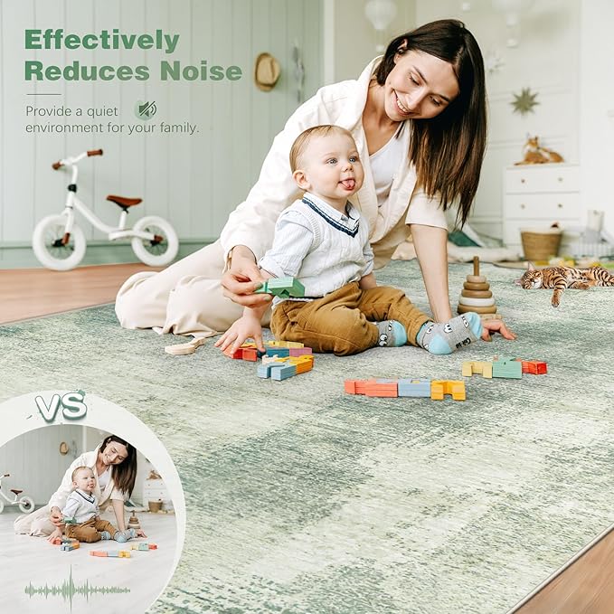 9x12 Area Rugs for Living Room: Washable Modern Abstract Rug Large Soft Non-Slip Rugs Indoor Low-Pile Carpet for Bedroom Dining Room Home Office (Green, 9'x12')
