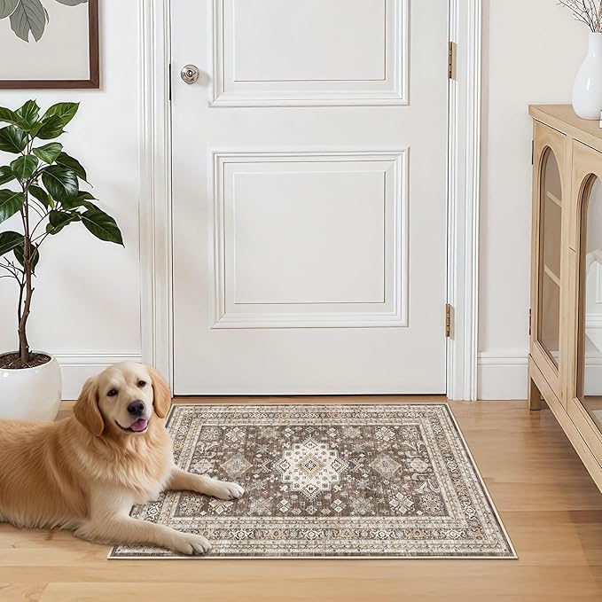 Vintage Living Room Area Rug 3x5 - Large Soft Washable Oriental Traditional Distressed Farmhouse Rugs for Bedroom - Indoor Floor Accent Carpet for Home Office House Decor - Dark Brown