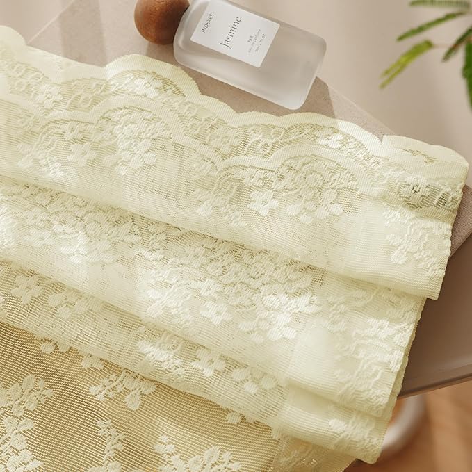 Anmao Vintage Lace Curtains 54 Inches Long 2 Panels Set, Romantic Elegant Light Filtering Semi Sheer Floral Thick Lacy Curtain Drapes for Living Room and Bedroom, Each Panel 55W x 54L, Cream Yellow