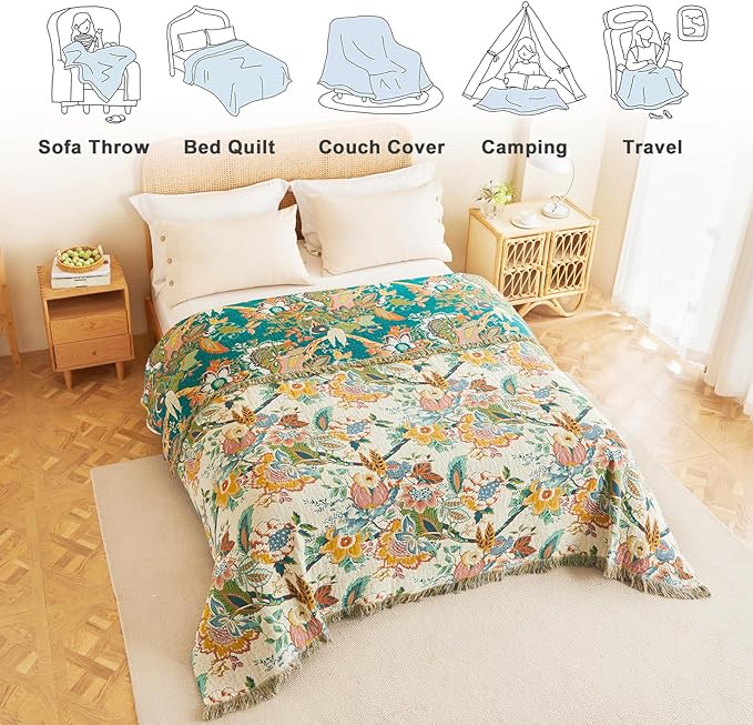 MSGKV Boho Throw Blanket for Couch 50"x60" 100% Cotton Vine Embroidery Blanket Bed Chair Sofa Blankets Muslin Breathable All Seasons Lightweight Farmhouse Blankets Home Decor