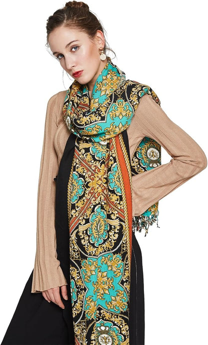 DANA XU 100% Merino Wool Extra Large Pashmina Blanket Travel Scarf Cashmere Wrap for Women Fall Winter Oversize Shawl Floral