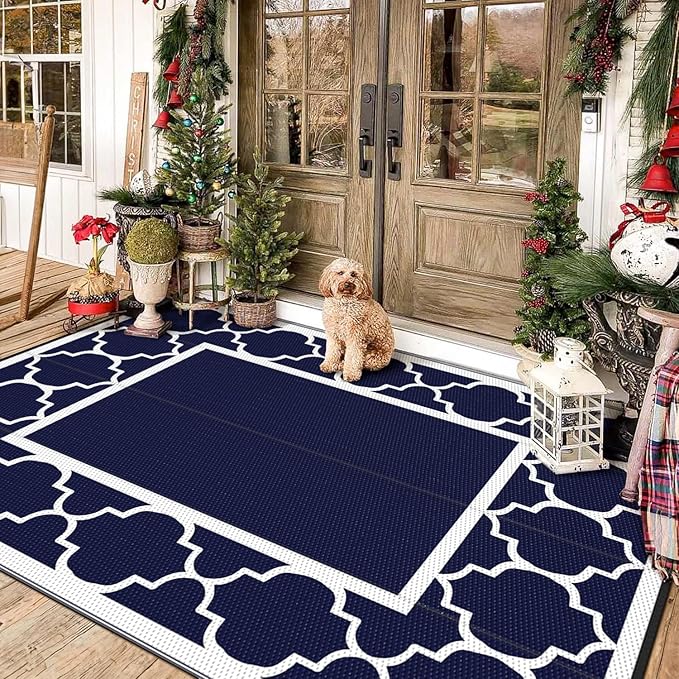 GENIMO 5' x 8' Outdoor Rug Waterproof for Patio Decor, Foldable Reversible Plastic Straw Area Rugs Mat for Camper, Outside Carpet for Rv, Deck, Porch, Picnic, Beach, Balcony, Blue & White