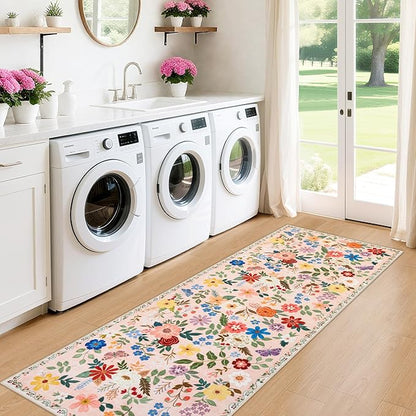 Runner Rug for Entryway: 2x6 Kitchen Rugs Non Slip Washable Ultra-Thin Soft Floral Carpet Indoor Floor Stain Resistant Carpets for Hallway Bedroom Kitchen Laundry Bathroom Dorm Beige