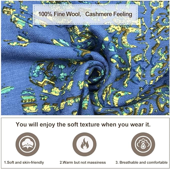 DANA XU 100% Merino Wool Pashmina Shawl for Women 96"x43", Oversized Cashmere Wrap with Tassels, Floral Travel Blanket Cape