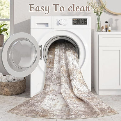 Washable 7x9 Area Rug: Modern Abstract Soft Non-Slip Indoor Rugs Home Decor - Low Pile Stain Resistant Foldable Carpet for Living Room Bedroom Dining Room Playroom(Golden Brown,7'x9')