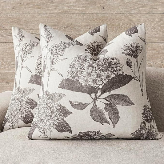 Foindtower Set of 2 Linen Floral Vintage Throw Pillow Covers Neutral Accent Decorative Cushion Covers Farmhouse Boho Home Decor for Sofa Chair Couch Bedroom Living Room,20×20 Inch,Light Gray