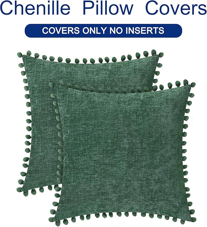 CaliTime Christmas Throw Pillow Covers Decorative 20 X 20 Inches Pack of 2 Cozy Solid Dyed Soft Chenille Cushion Cases with Pom Poms for Couch Sofa Bed Living Room Home Dark Green