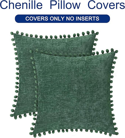 CaliTime Christmas Throw Pillow Covers Decorative 20 X 20 Inches Pack of 2 Cozy Solid Dyed Soft Chenille Cushion Cases with Pom Poms for Couch Sofa Bed Living Room Home Dark Green