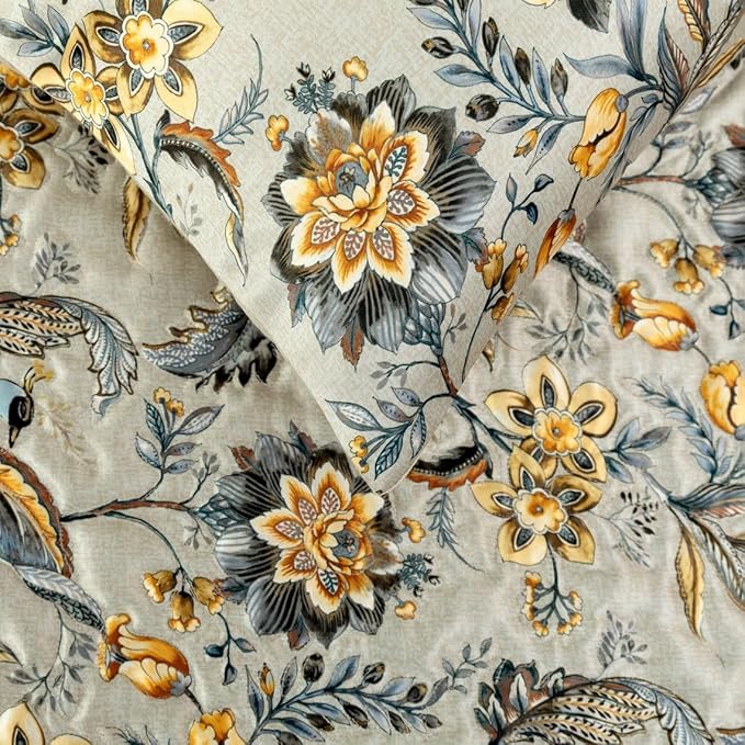 The HomeCentric King/Queen/Twin Grey & Yellow Decorative CA King 86"x18" Bed Runner with 2 Pillow Cover, Peacock, Quilted & Tassels Bed Scarf on Satin Fabric - Peacock Swag