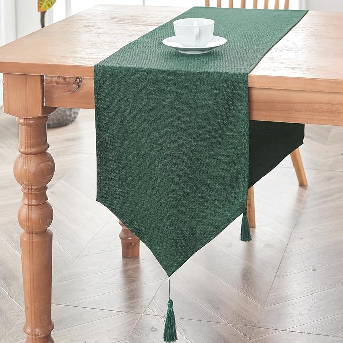 BALCONY & FALCON Table Runner with Tassels Rustic Farmhouse Jacquard Linen Style Water Resistant Washable Runner for Dining Kitchen Party Christmas Everyday Use 14 x 118 inch, Dark Green