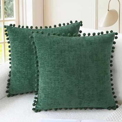 CaliTime Christmas Throw Pillow Covers Decorative 22 X 22 Inches Pack of 2 Cozy Solid Dyed Soft Chenille Cushion Cases with Pom Poms for Couch Sofa Bed Living Room Home Dark Green