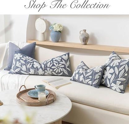 BlissBlush Blue Velvet Decorative Throw Pillow Cover 20X20, Flower Tufted Soft Farmhouse Textured Pillowcase, Accent Pillowcase for Couch Sofa Bed Living Room