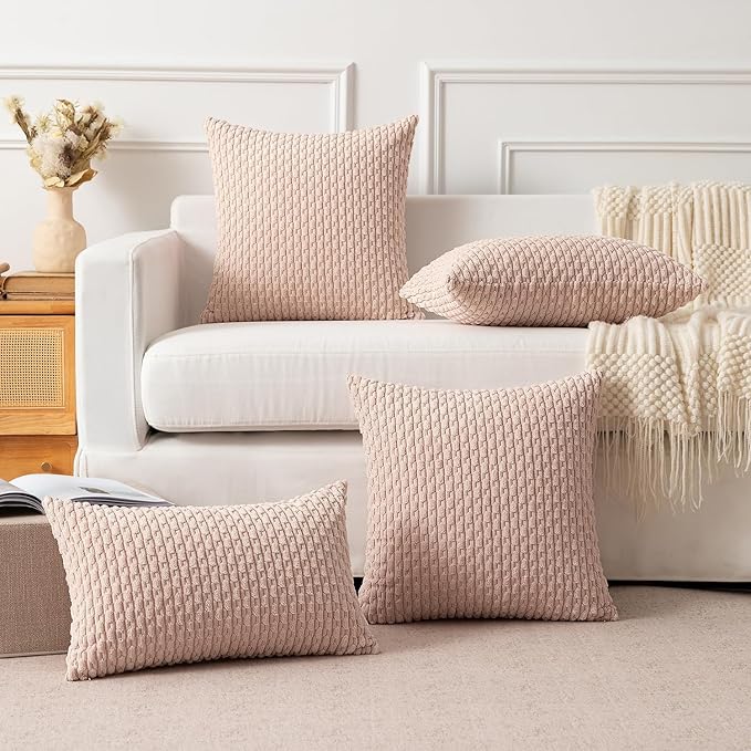 Kevin Textile Valentines Day 12x20 Inch Pillow Cover 1 Pack Boho Decorative Soft Striped Corduroy Lumbar Farmhouse Accent Rectangle Cushion Case for Living Room Couch Sofa Bed, Light Pink