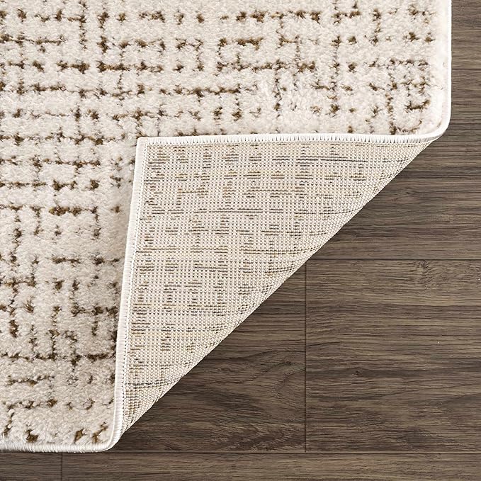 Hauteloom Keita Contemporary Mosaic Area Rug - High Pile Fluffy Soft Shag Rug for Living Room, Bedroom, Dining Room - Cream, Brown - 8'10"12