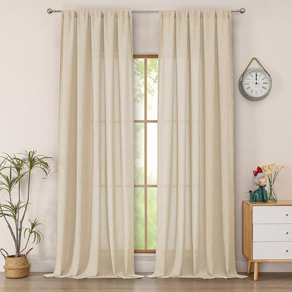 Simplebrand Natural Semi Sheer Faux Linen Textured 120 Inches Long Curtains 2 Panels Set, Privacy Farmhouse Window Drapes for Living Room/Birthday Party/Hallway Window Guest Room, 10FT, 50 x 120 Inch