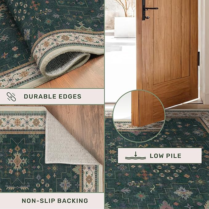 Vintage Dark Green 2x10 Kitchen Rug - Modern Boho Eclectic Floral Pastel, Washable Low Pile Non-Slip Extra Long Runner Rugs for Hallway, Bedroom