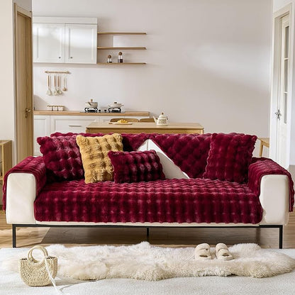 Christmas Faux Fur Decorative Throw Pillow Cover Plush Thick Bubble Pillow Covers Luxury Soft Cozy Accent Pillowcase for Spring Sofa Living Room Couch Bed (Wine Red,12"x20")