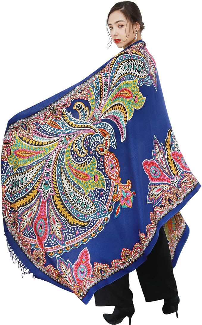 DANA XU 100% Merino Wool Pashmina Shawl for Women 96"x43", Oversized Cashmere Wrap with Tassels, Floral Travel Blanket Cape