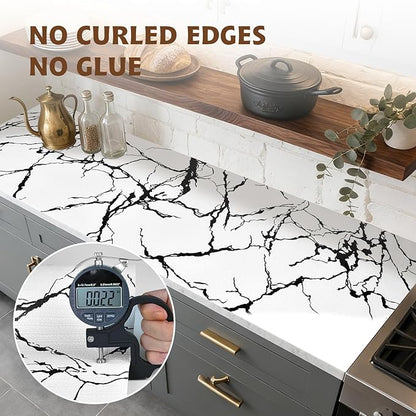 2-Layer Drawer and Shelf Liner for Kitchen Cabinet: 17.3in X 20Ft Non Slip Waterproof Shelf Paper Non Adhesive Refrigerator Liners White/Black Marble Easy Liners for Bathroom with Knife Tape Measure