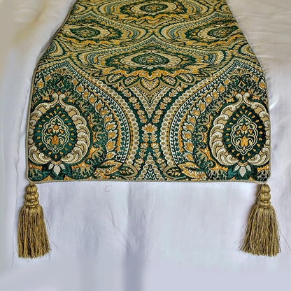 The HomeCentric King/Queen/Twin Green Luxury King 90"x18" Bed Runner with One Pillow Cover, Damask, Tassels & Tapestry Bed Scarf on Jacquard Fabric - Damask Tapestry