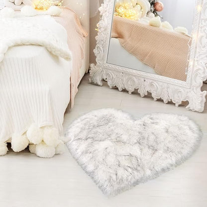 uxcell Heart Shaped Rugs for Bedroom,Small Aesthetic Carpet Girls,Cute Shaggy Floor Mirror Mat,Pastel Furry Throw Rug 2.3ftx3ft, White and Black