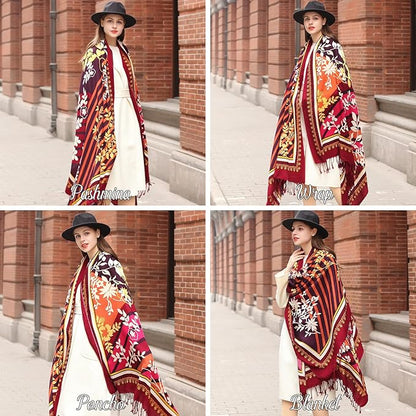 DANA XU 100% Merino Wool Pashmina Shawl for Women 96"x43", Oversized Cashmere Wrap with Tassels, Floral Travel Blanket Cape