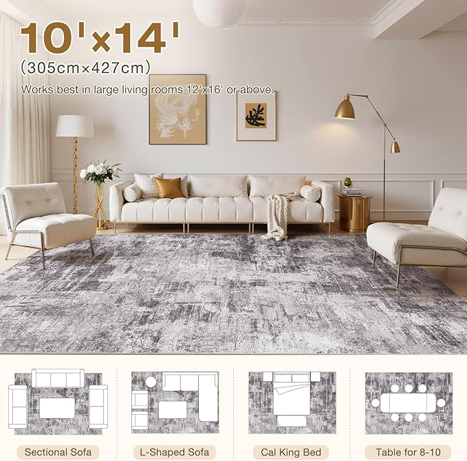 Abstract Living Room Rug 10x14 - Modern Washable Soft Thin Area Rug for Living Room Bedroom Under Dining Table - Neutral Indoor Floor Rug Carpets for Home Office Playroom Nursery - Grey