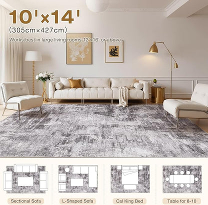 Abstract Living Room Rug 10x14 - Modern Washable Soft Thin Area Rug for Living Room Bedroom Under Dining Table - Neutral Indoor Floor Rug Carpets for Home Office Playroom Nursery - Grey